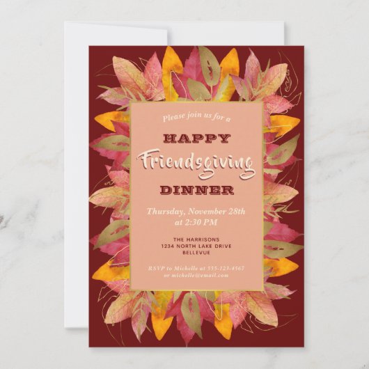 Friendsgiving Invitation Autumn Leaves Burgundy Kaart (Voorkant)