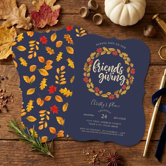 Friendsgiving Navy Herfstbladeren Krans Kaart