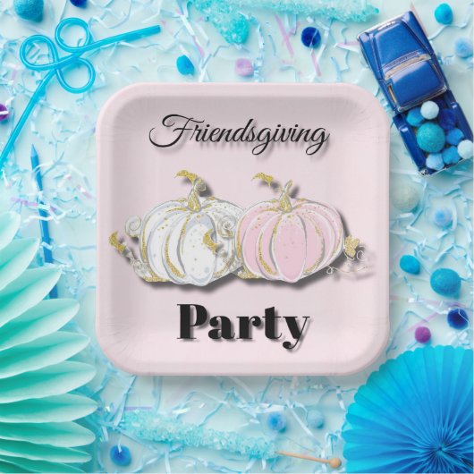 Friendsgiving Party Pink White Pumpkins Papieren Bordje (Feest)