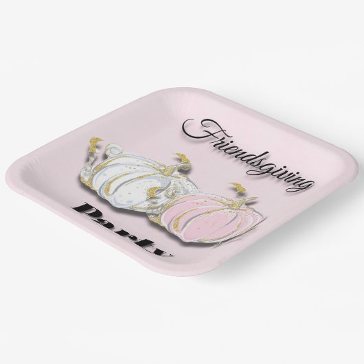Friendsgiving Party Pink White Pumpkins Papieren Bordje (Gebogen)