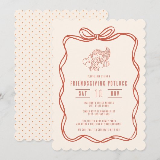 Friendsgiving Potluck Diner Coquette Strikje Kaart (Voorkant / Achterkant)