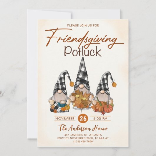 Friendsgiving Potluck Gnomen Herfst Pompoen Kaart (Voorkant)