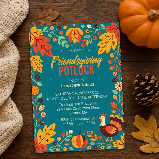 Friendsgiving Potluck Herfstbladeren Kalkoen Teal Kaart