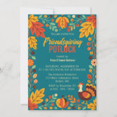Friendsgiving Potluck Herfstbladeren Kalkoen Teal Kaart (Voorkant)