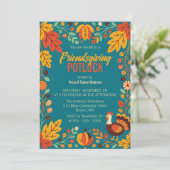 Friendsgiving Potluck Herfstbladeren Kalkoen Teal Kaart (Staand voorkant)