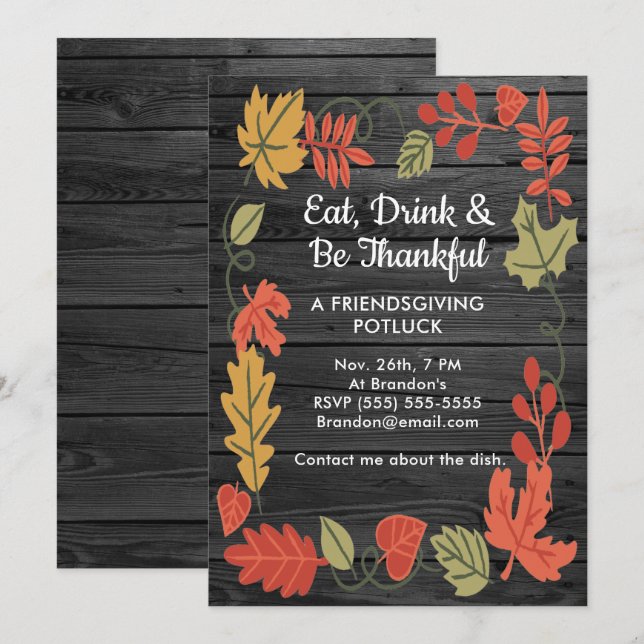 Friendsgiving Potluck Smoky Black Wood Uitnodigen (Voorkant / Achterkant)