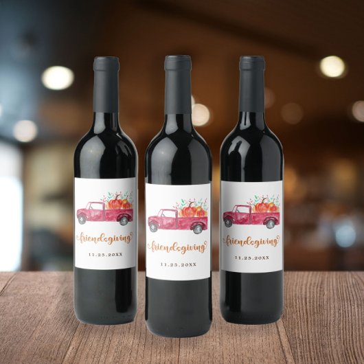 Friendsgiving Red Pickup Truck Pumpkin-script Wijn Etiket