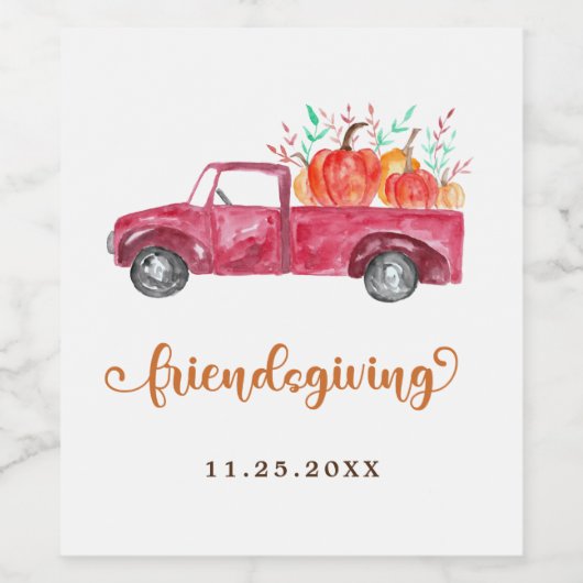 Friendsgiving Red Pickup Truck Pumpkin-script Wijn Etiket (Enkel label)