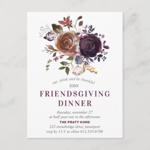 Friendsgiving Rustic Boho Paarse Bloemenuitnodigin Briefkaart