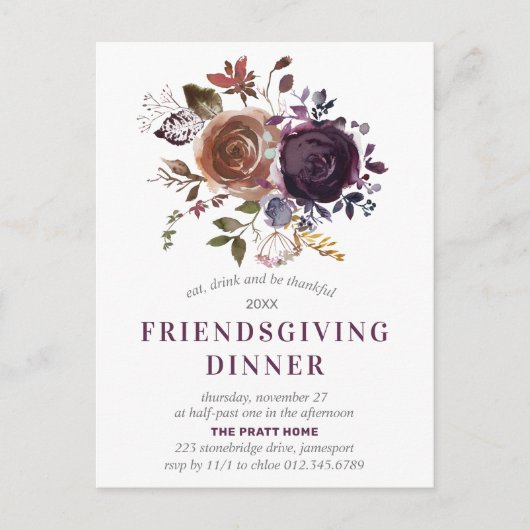 Friendsgiving Rustic Boho Paarse Bloemenuitnodigin Briefkaart (Voorkant)
