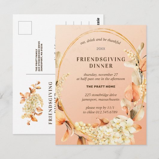 Friendsgiving Rustic Floral Briefkaart Invitation (Voorkant / Achterkant)