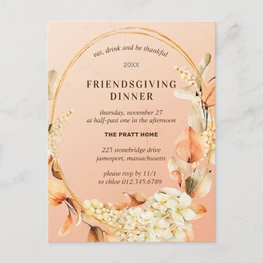 Friendsgiving Rustic Floral Briefkaart Invitation (Voorkant)