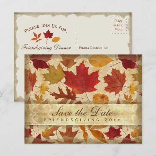 Friendsgiving Save the Date Autumn Leaves Beige Uitnodiging Briefkaart (Voorkant / Achterkant)