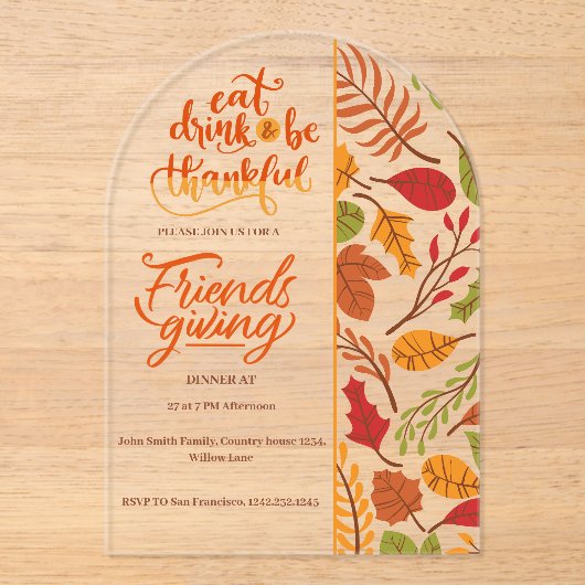 Friendsgiving Thanksgiving Dinner Orange Fall Fun Acryl Uitnodigingen (Voorkant)
