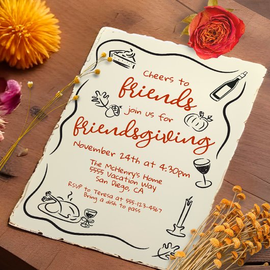 Friendsgiving Thanksgiving Hand getrokken Doodle Kaart
