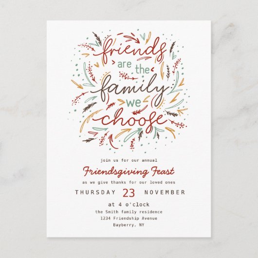 Friendsgiving Typography Thanksgiving Dinner Uitnodiging Briefkaart (Voorkant)