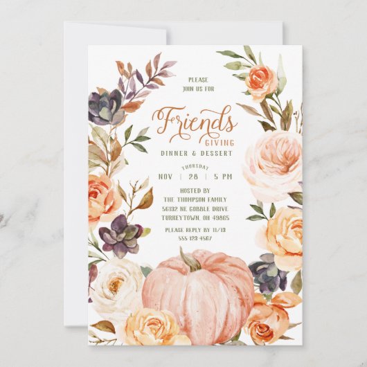 Friendsgiving Waterverf Floral Pumpkin Invitation Kaart (Voorkant)
