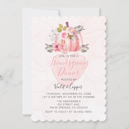 Friendsgiving Waterverf Pompoen Pioen Roze Uitnodi Kaart (Voorkant)