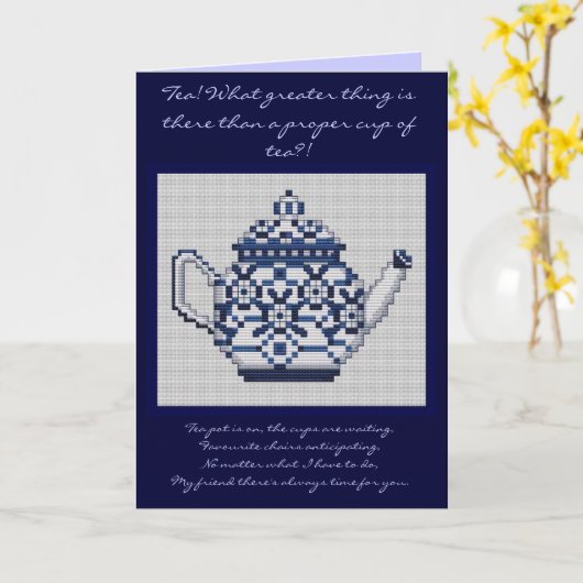 FRIENDSHIP TEA Cross Stitch Style Design Kaart (Gele Bloem)