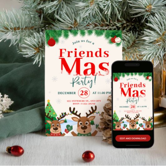 Friendsmas Christmas Holiday Party Cute Reindeer Kaart