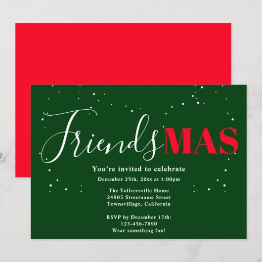 Friendsmas groene rode kerst uitnodiging (Voorkant / Achterkant)