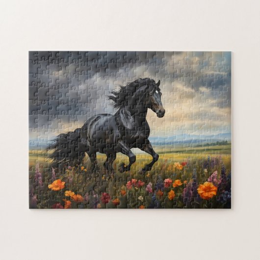 Friese paarden galopperen wilde bloemen legpuzzel (Horizontaal)