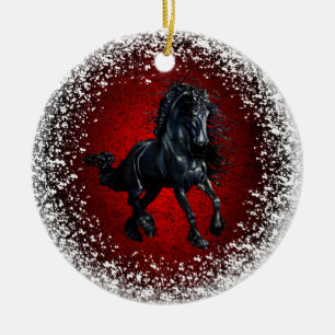 Friese, zwarte hengst 3,sneeuw, rood graniet keramisch ornament