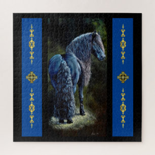 Friesiaanse hengst in spotlight, schilderij legpuzzel