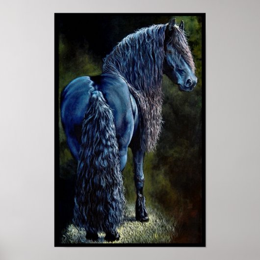 Friesiaanse hengst in spotlight, schilderij poster (Voorkant)