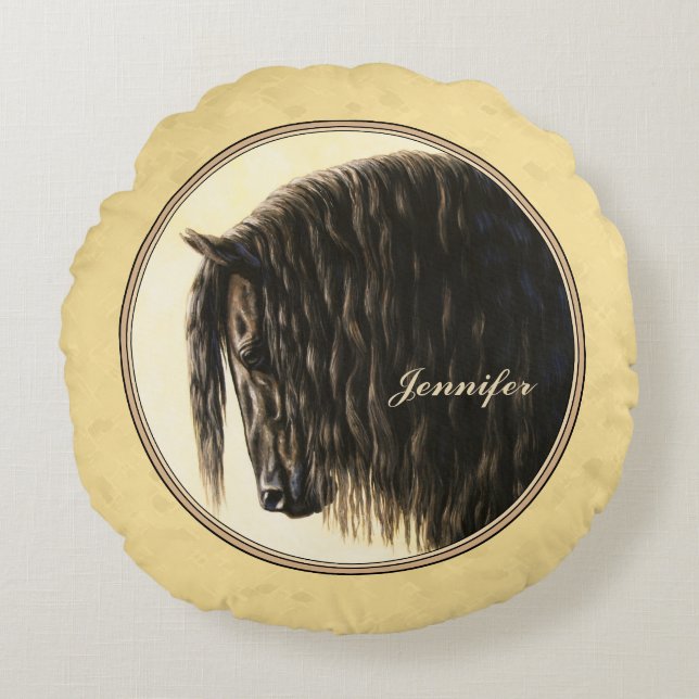 Friesian Draft Horse Yellow Rond Kussen (Voorkant)