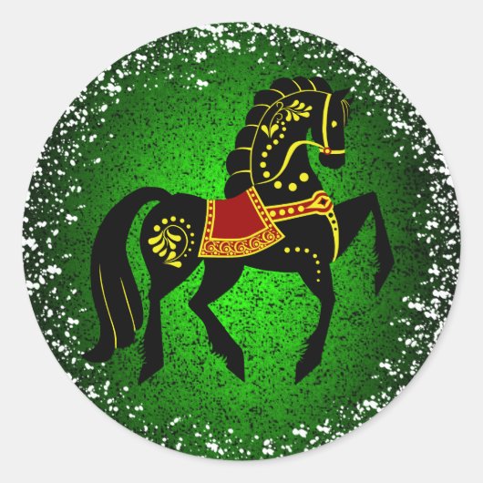 Friesian Folk zwarte hengst/schoonheid, sneeuw, gr Ronde Sticker (Voorkant)