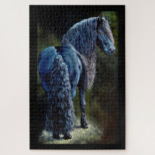 Friesian stallion horse in spotlight, schilderij j legpuzzel