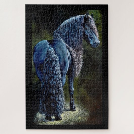 Friesian stallion horse in spotlight, schilderij j legpuzzel (Verticaal)