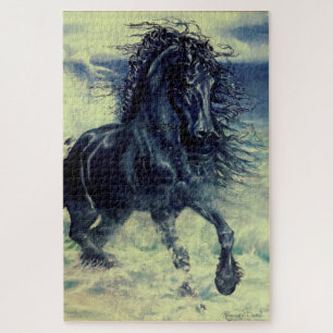 Friesisch paard van de zwarte hengst in de oceaan legpuzzel