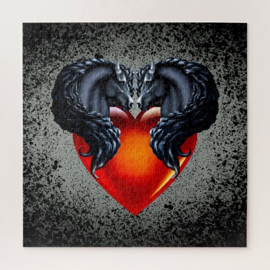 Friesisch paard/zwarte Frisiaanse hengst/hart/zilv Legpuzzel (Verticaal)