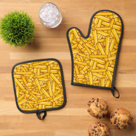 frieten, chips, fastfood patroon ovenwant & pannenlap set