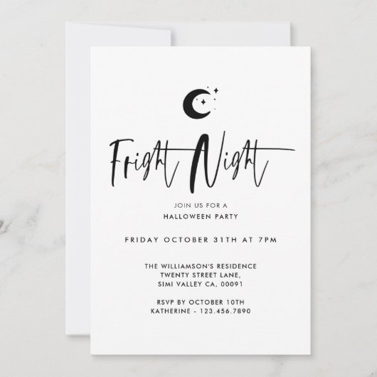 Fright Night Black Moon, Minimal Halloween Party Kaart (Voorkant)