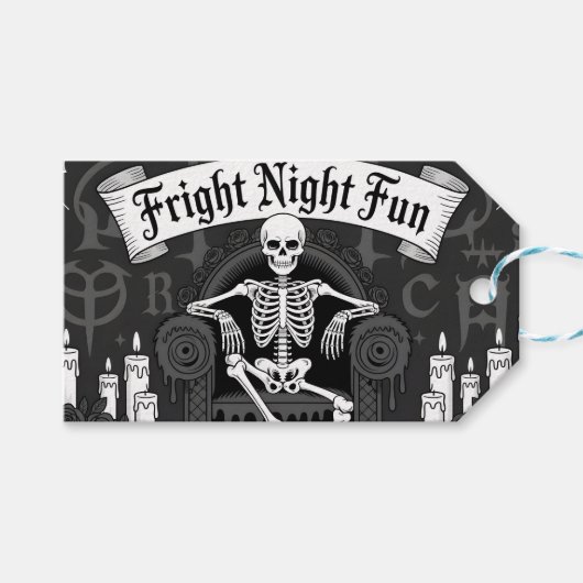Fright Night Fun: Skelet op Troon Ontwerp Cadeaulabel (Voorkant (Horizontaal))