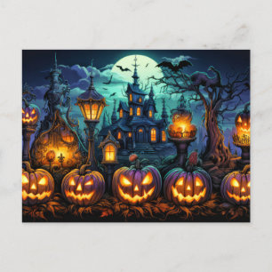 Frightful gloeiende pompoenen onder een volle maan briefkaart