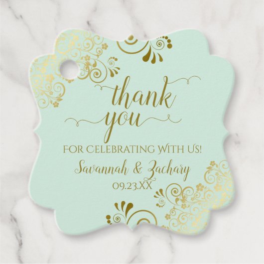 Frilly Corners Mint Green & Gold Wedding Bedankt Bedankjes Labels (Voorkant)