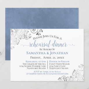 Frilly Elegant Blue Gray Wedding Rehearsal Dinner Kaart