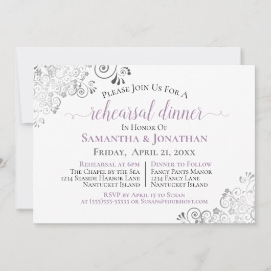 Frilly Elegant Lavender Wedding Rehearsal Dinner Kaart (Voorkant)