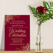 Frilly Gold Burgundy Maroon Simple Elegant Wedding Kaart