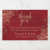 Frilly Gold op Crimson Red Wedding Bedankt Mini Sparkling Wijnetiket (Enkel label)