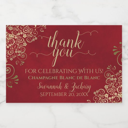 Frilly Gold op Crimson Red Wedding Bedankt Mini Sparkling Wijnetiket (Enkel label)