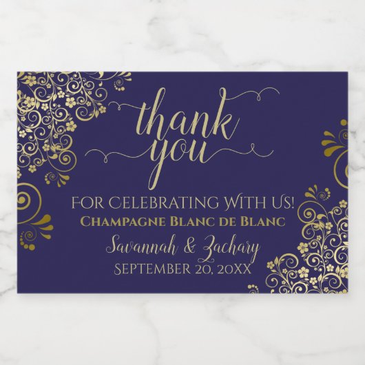 Frilly Gold op marinesblauwe bruiloft Bedankt Mini Sparkling Wijnetiket (Enkel label)