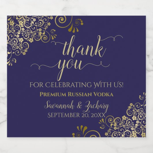 Frilly Gold op Navy Blue Wedding Hartelijk dank Likeurfles Etiket (Enkel label)