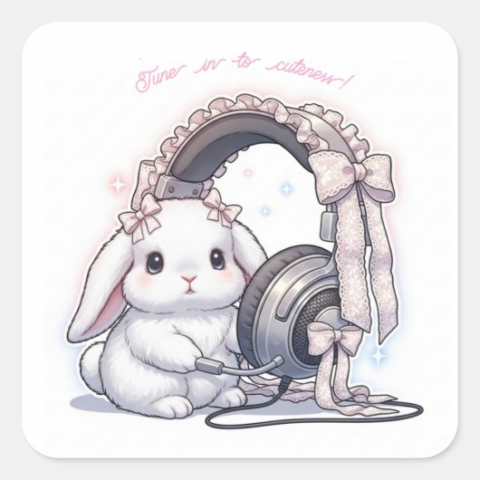 Frilly Headphone Bunny - Lovely Music Lover Kawaii Vierkante Sticker (Voorkant)