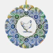 Frilly kip in blauw en groen keramisch ornament (Achterkant)