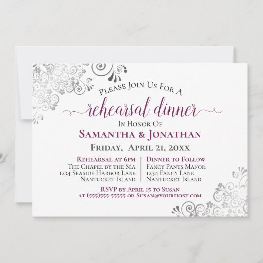 Frilly magenta op witte bruiloft repetitie diner kaart (Voorkant)